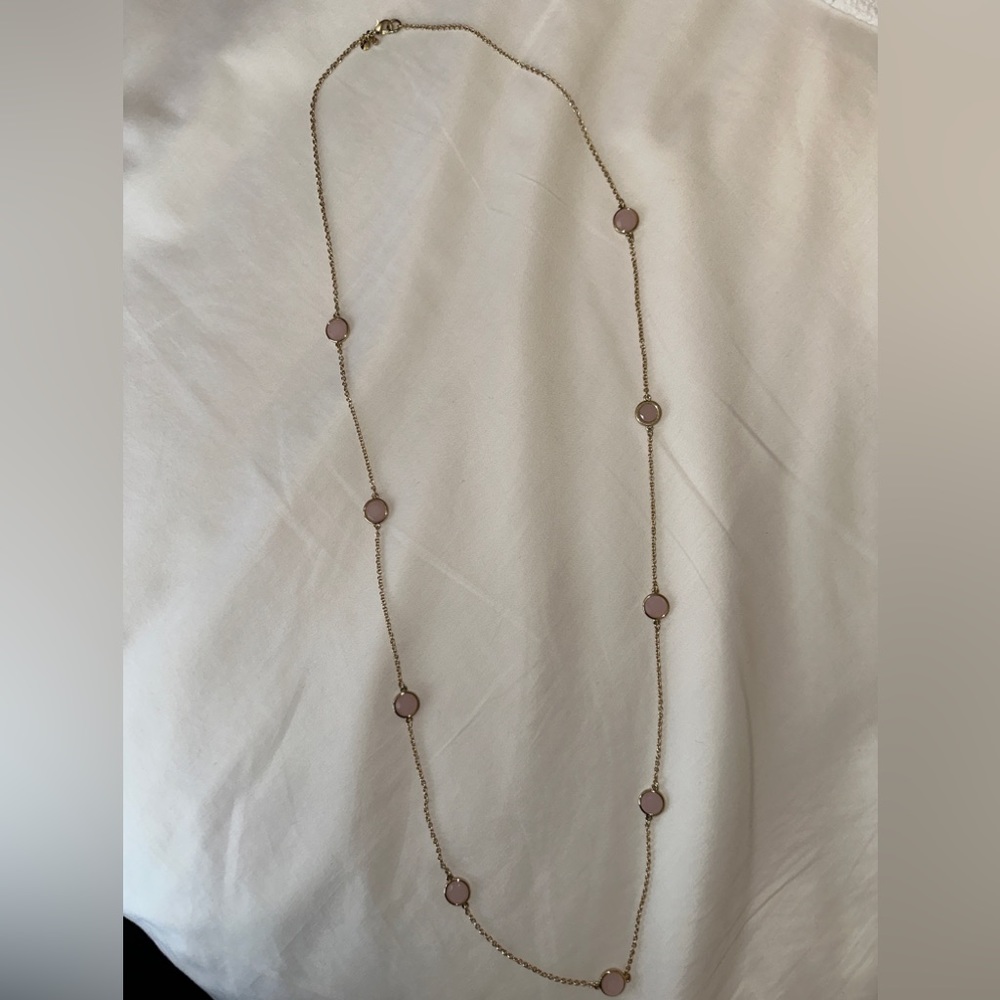 💖 BNWOT Ann Taylor Gold Necklace with 9 Pink Jewels about 21 inch drop 💖